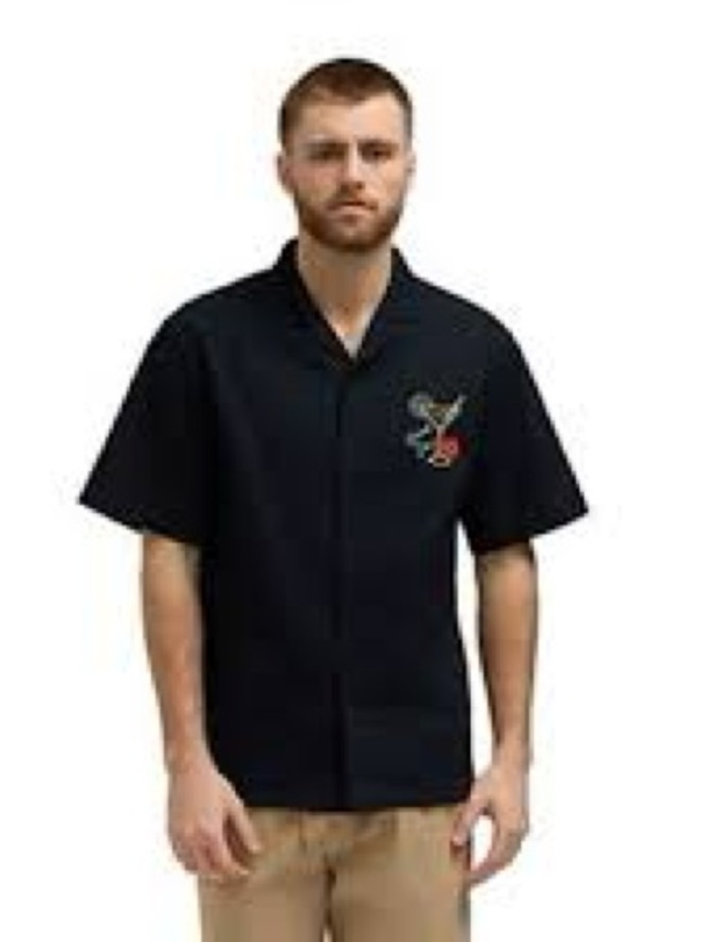 Matix Black Short-Sleeve Button-Down Camp Shirt with Chest Motif